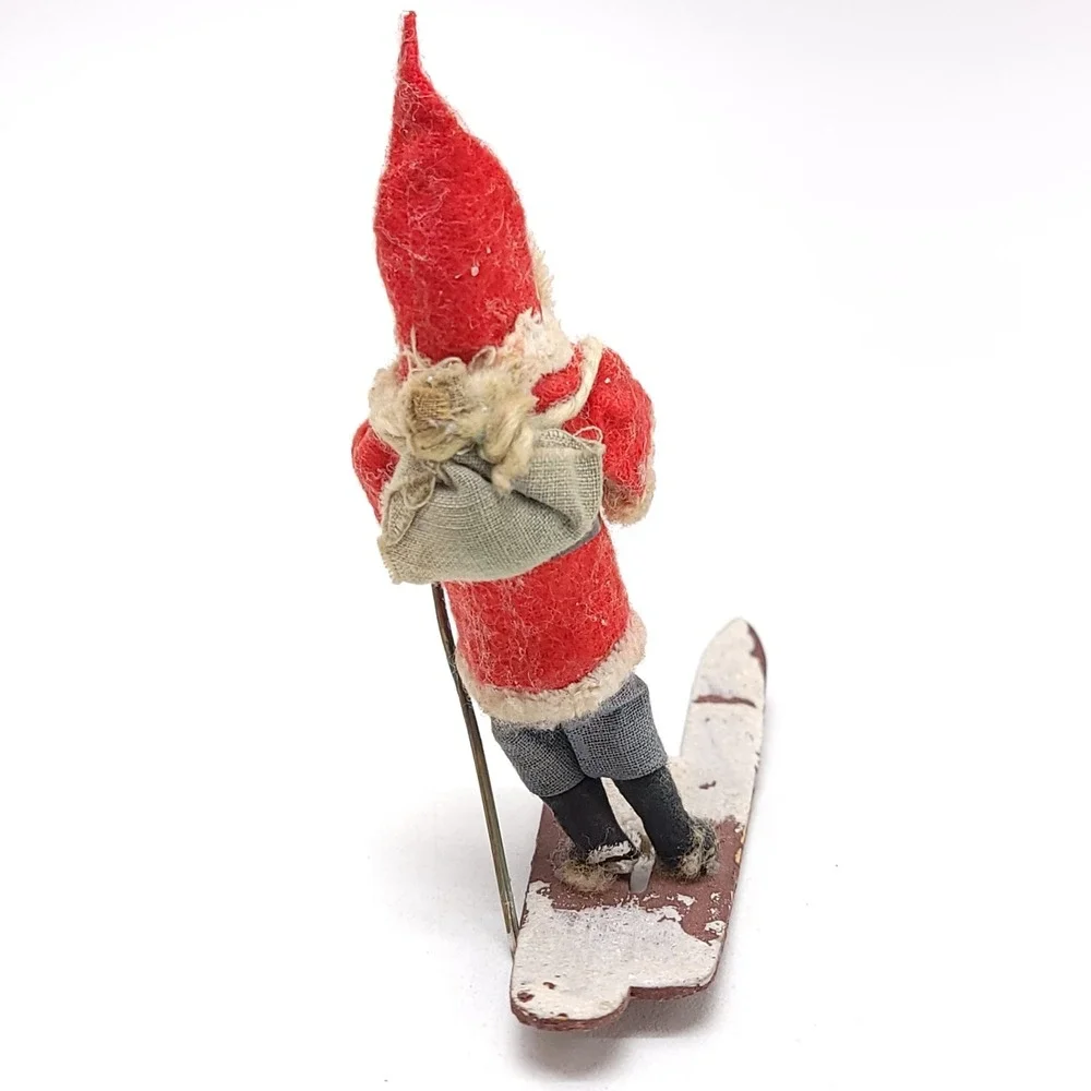 Vintage Miniature Skiing Santa Claus Figurine Felt Wood Mid Century Christmas 4